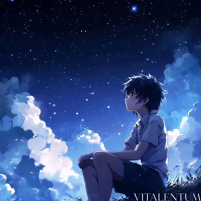 Starry Night Anime Scene with Young Boy AI Image