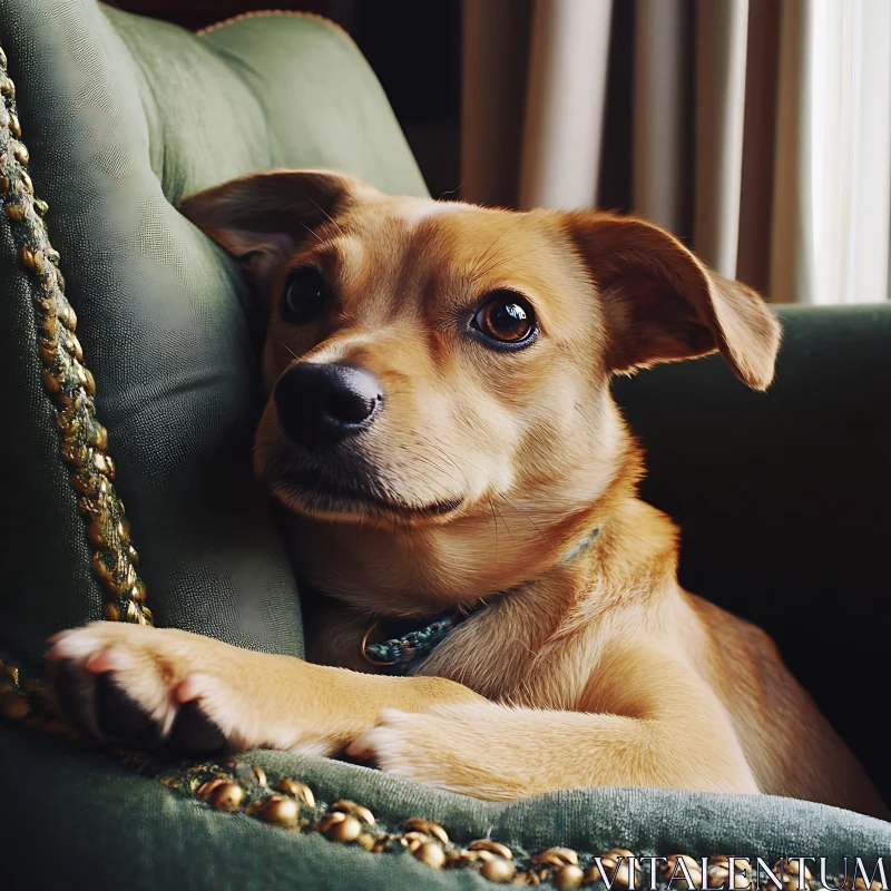 Small Brown Dog Lounging on Green Embellished Chair AI Image