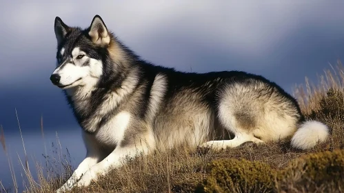 Wolf Lounging in Grassy Field