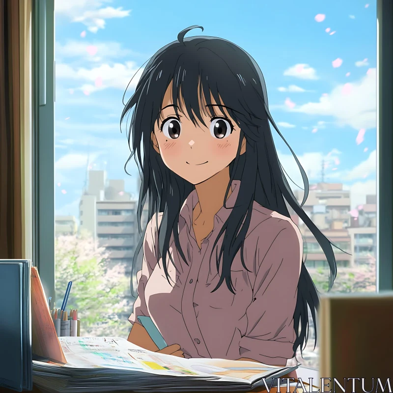 Anime Girl at Desk with City View AI Image