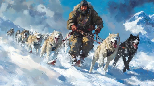 Musher and Dog Team in Winter Landscape