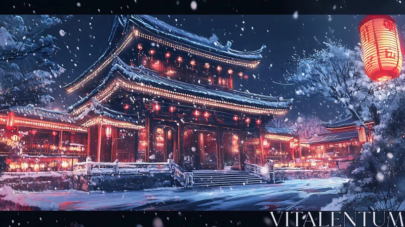 Serene Nighttime Temple Covered in Snow AI Image