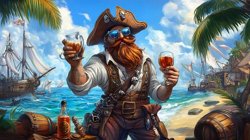 Pirate Celebrating with Rum on the Beach