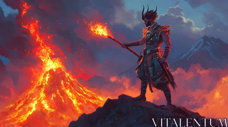 AI ART Horned Warrior at Volcanic Eruption