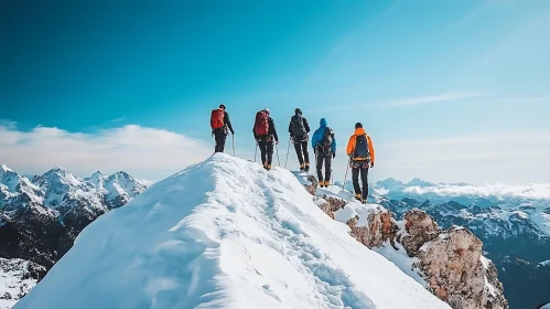 Mountaineers Climbing Snowy Mountain Top