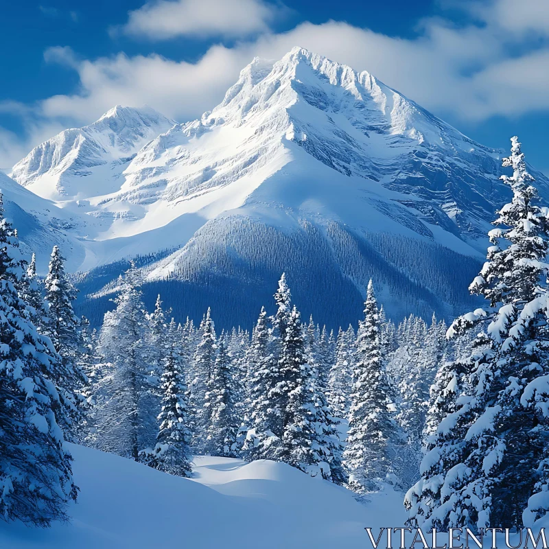 AI ART Winter Mountain Scene with Snow-Covered Trees