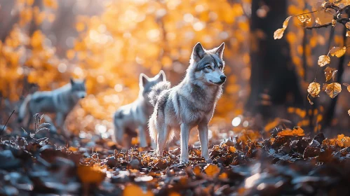 Wolf Pack in the Fall Woods