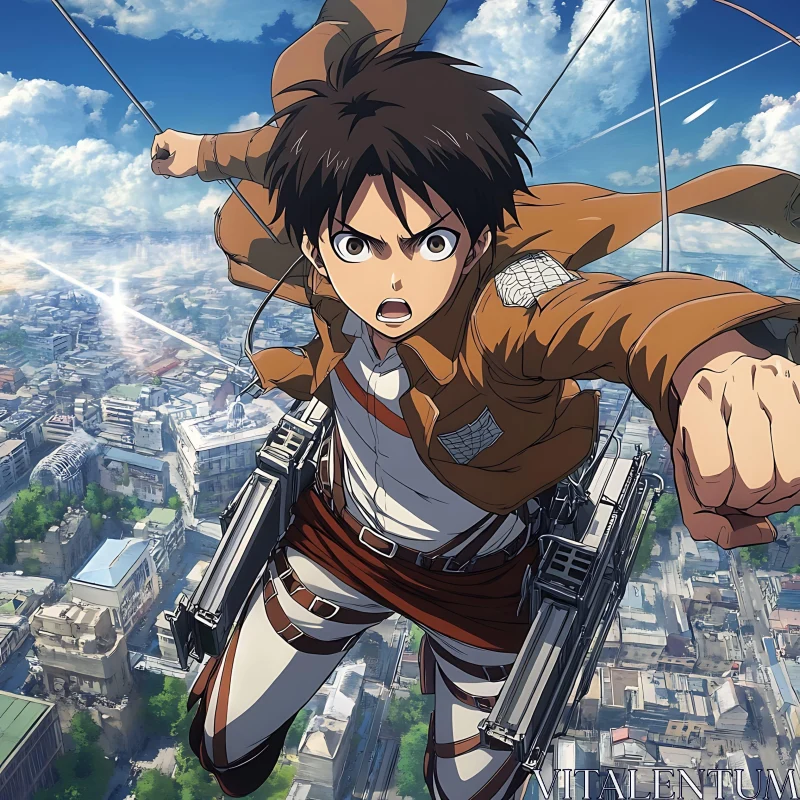 Dynamic Anime Character in Flight Over Urban Landscape AI Image