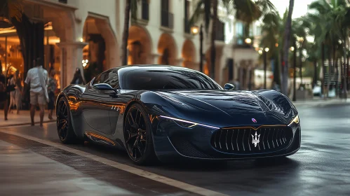 Futuristic Dark Blue Sportscar in Urban Setting