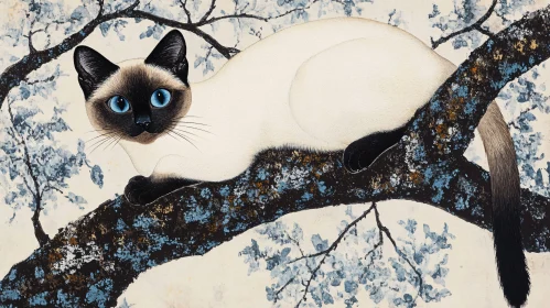 White Cat with Blue Eyes on Textured Branch