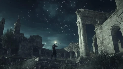 Ancient Ruins and Archer at Night