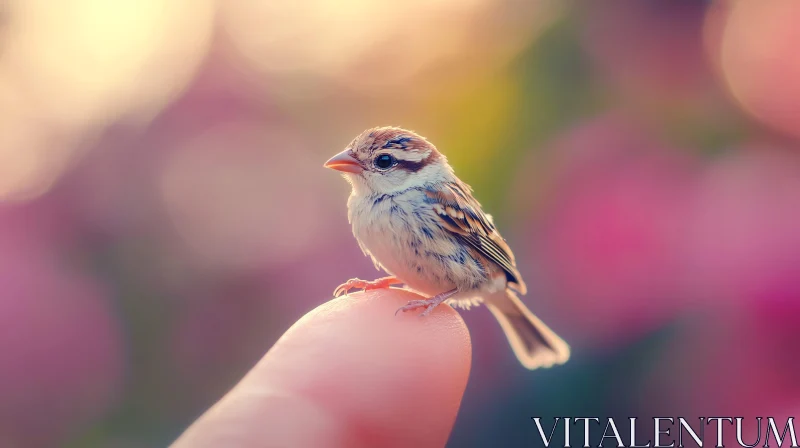 AI ART Tiny Bird on Finger against Pastel Background