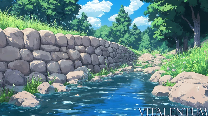 Peaceful Stream and Stone Wall in Forest AI Image