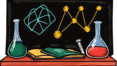 Science Illustration with Flasks and Molecules