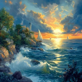 Sunset Over the Ocean with Sailboats