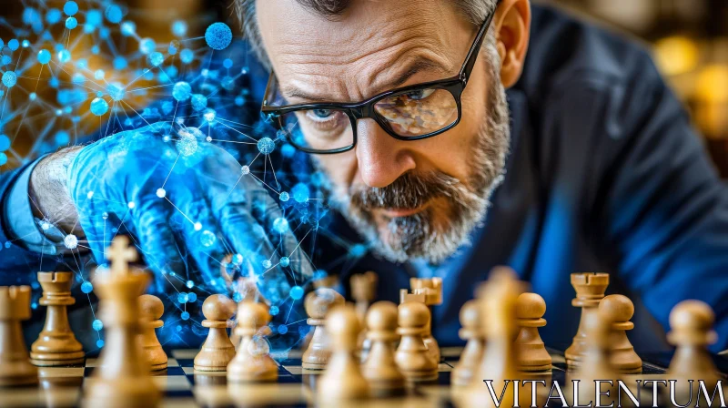 Chess Mastermind with Digital Strategy Overlay AI Image