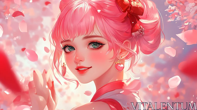 Blossom-Adorned Anime Girl with Pink Hair AI Image