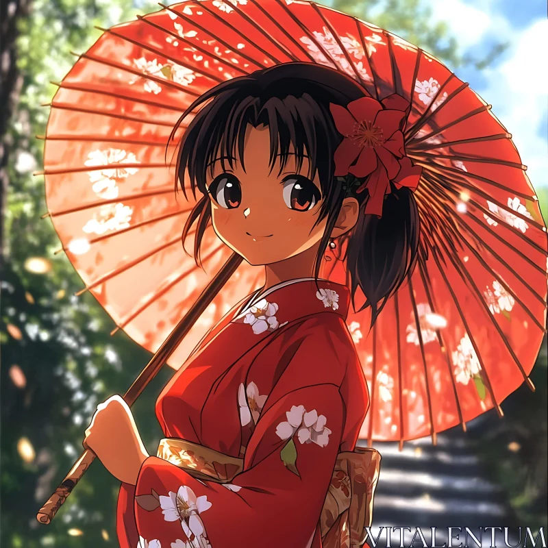 Traditional Anime Girl with Red Umbrella in Nature Scene AI Image