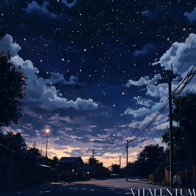 Peaceful Night Street with Starry Sky and Clouds AI Image