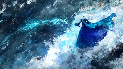 Sorceress Wielding Lightning Over Ocean