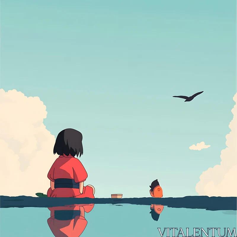 Serene Anime Scene with Girl and Orange Creature AI Image