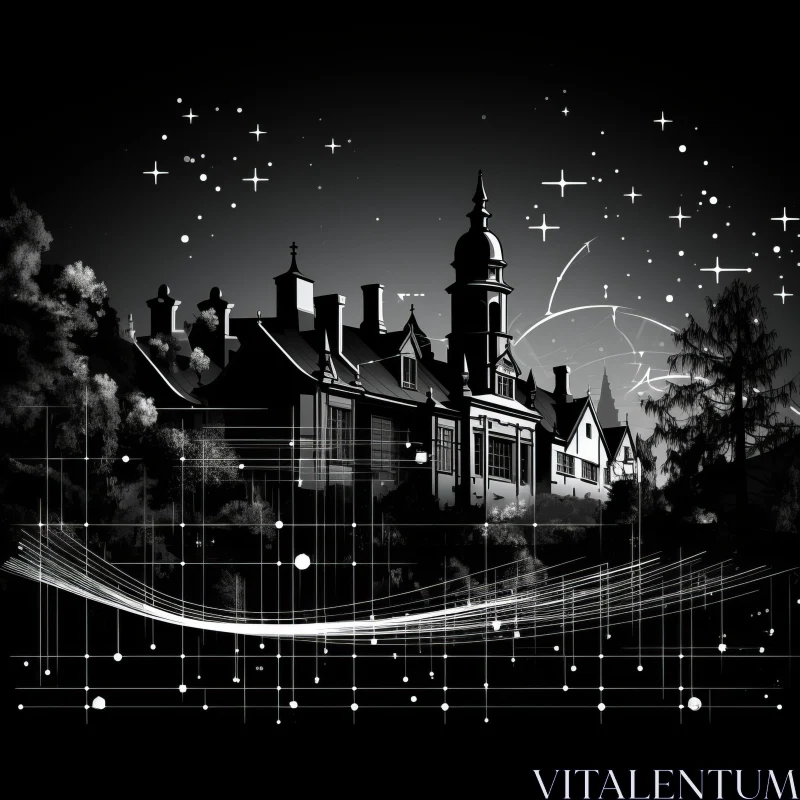 Mysterious Castle Under Starry Night - Black and White Illustration AI Image
