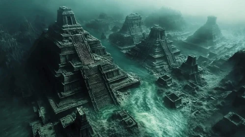 Submerged Ancient Pyramids in Misty Waters