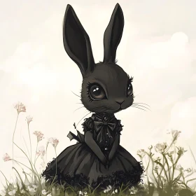 Whimsical Black Rabbit with Victorian Dress