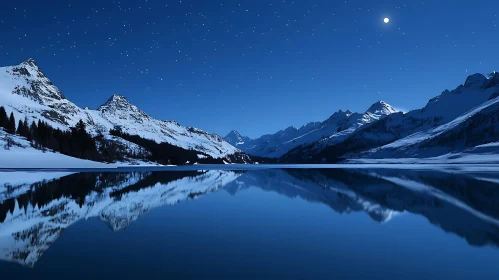 Snowy Mountains Reflected in Night Lake