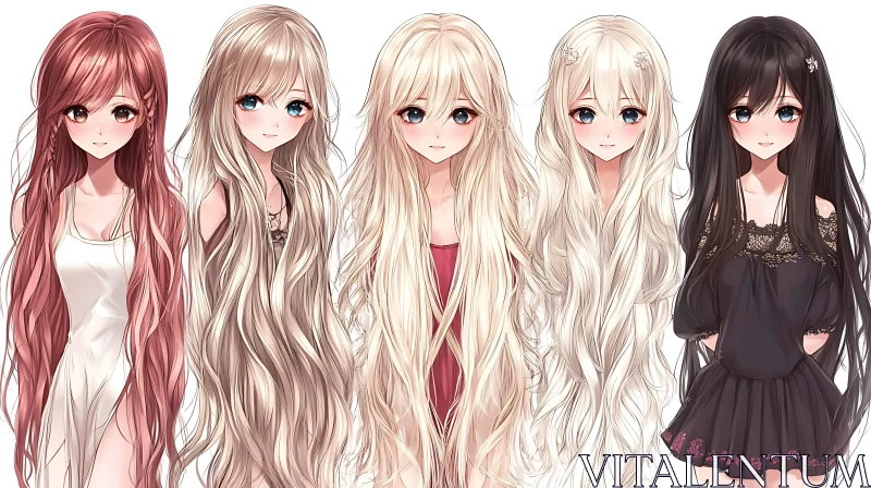 Charming Anime Girls with Different Hair Colors AI Image