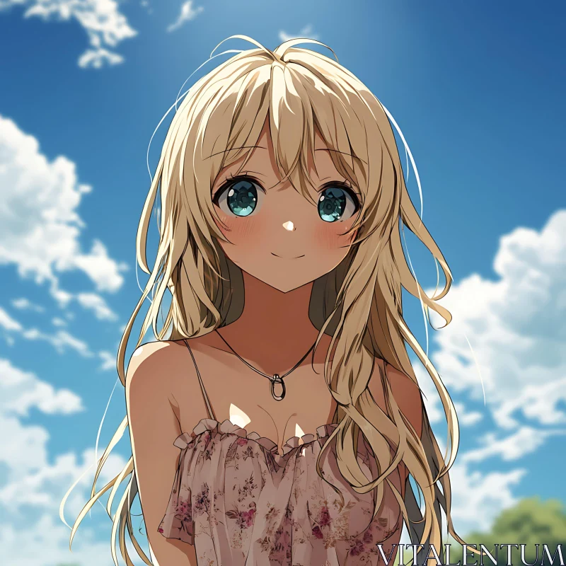 Anime Girl With Blonde Hair in Floral Dress Under Blue Sky AI Image