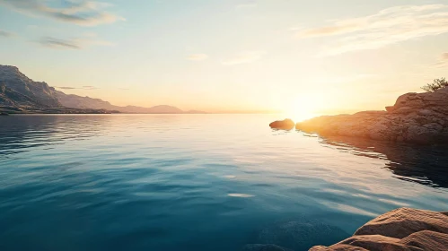 Tranquil Ocean Sunset with Distant Mountains