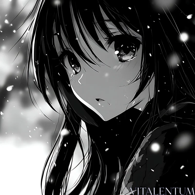 Sad Anime Girl with Snowflakes AI Image