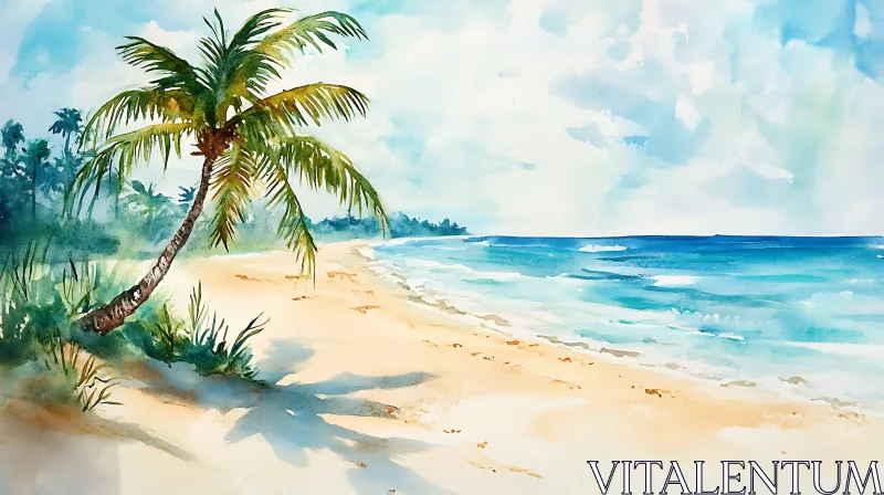 Watercolor Painting of a Palm Tree Beach AI Image