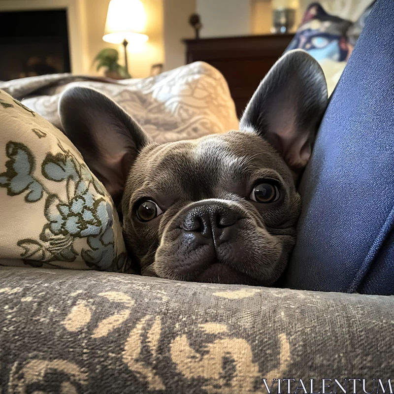 Cozy French Bulldog Nestled on Couch AI Image