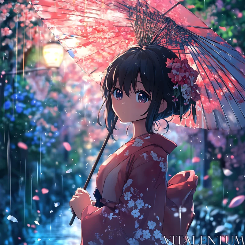 Traditional Anime Girl with Umbrella and Cherry Blossoms AI Image