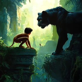 Boy and Panther in the Jungle