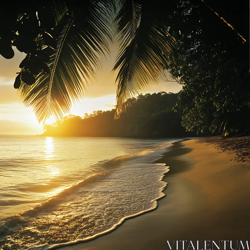 AI ART Tranquil Beach Sunset with Palm Trees