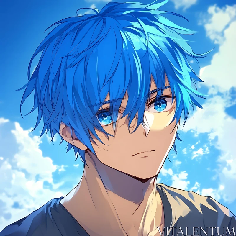 Thoughtful Anime Character with Blue Hair AI Image