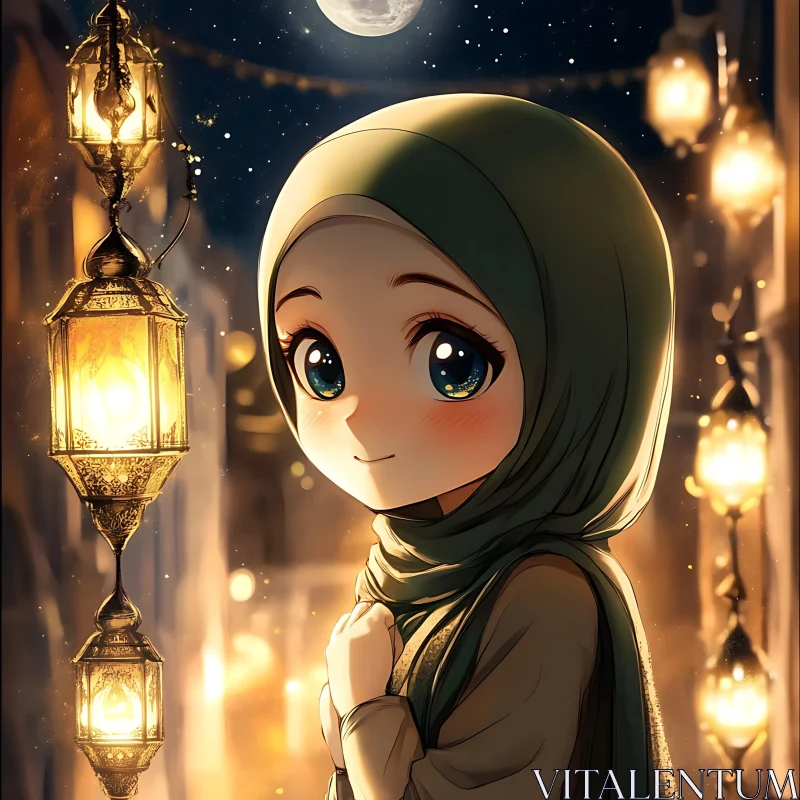 Anime Girl Under Starry Sky with Lanterns AI Image