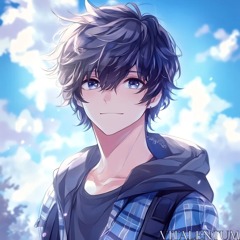 Anime Boy with Blue Sky Background AI Image