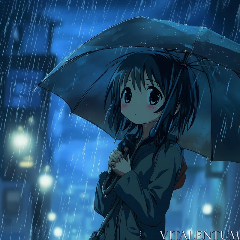 Thoughtful Anime Girl in Rainy City AI Image