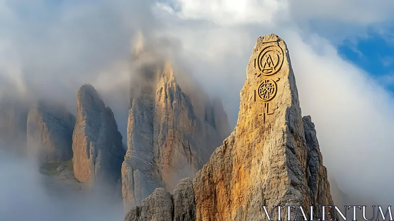 AI ART Foggy Mountains with Ancient Symbols