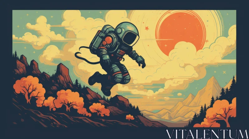 AI ART Astronaut Soaring Over Landscape in Neo-Traditional Style
