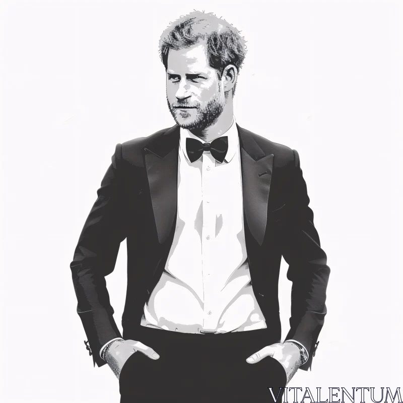 Prince Harry in Black Tuxedo Monochrome Drawing AI Image