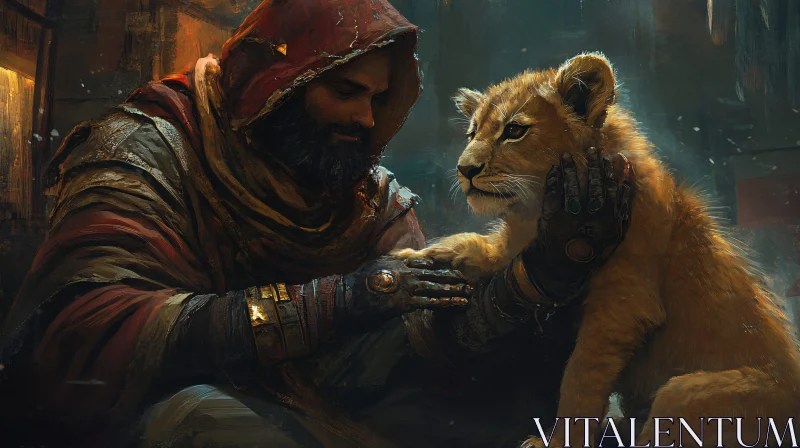 Man and Lion Cub: A Gentle Connection AI Image