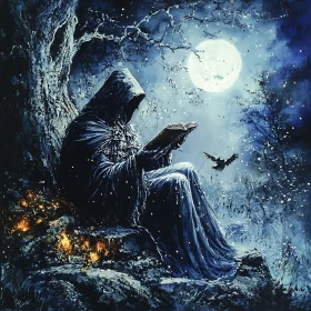 Cloaked Figure Reading by Moonlight