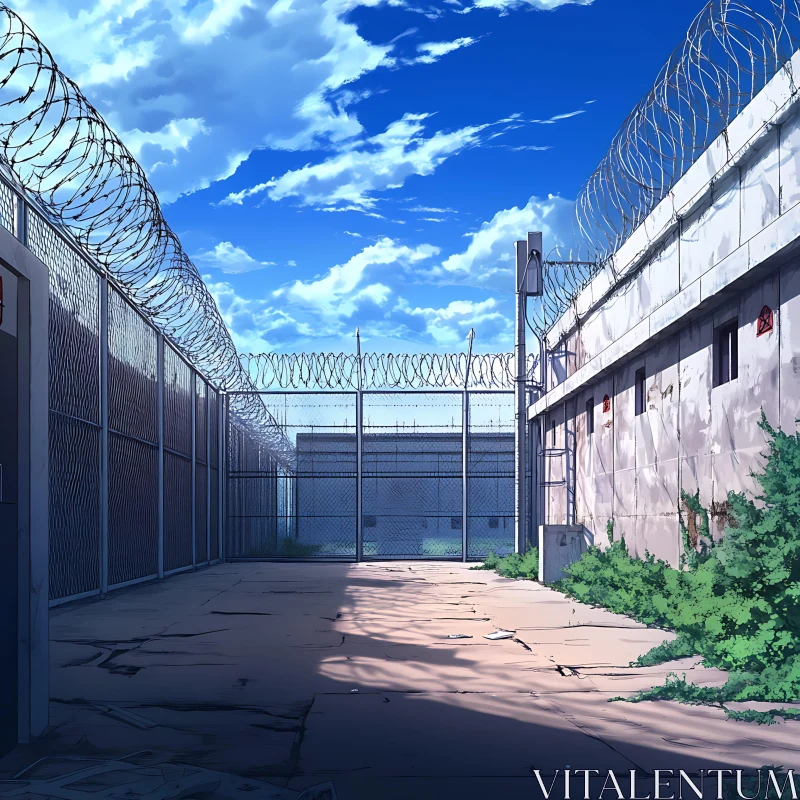 Prison Yard with Barbed Wire and Vegetation AI Image