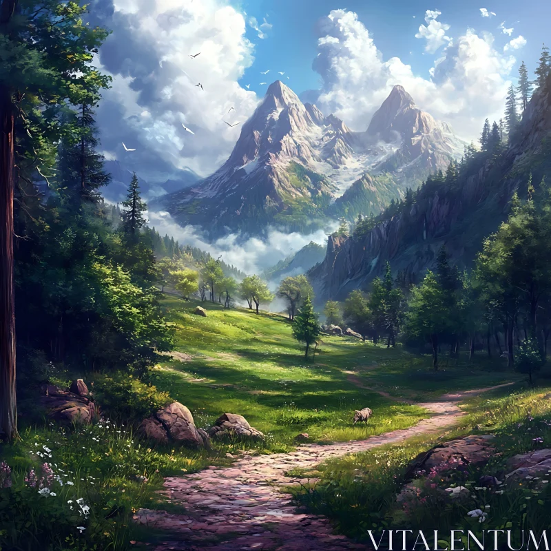 AI ART Tranquil Mountain Scene with Forest Path