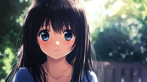 Pensive Anime Girl with Dark Hair Outdoors